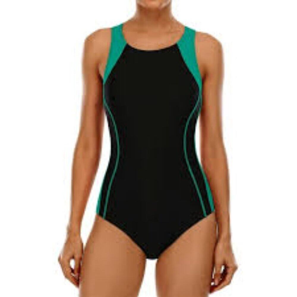 CHARMO Athletic Colorblock One Piece Slimming Swimsuit Black & Teal Green  SZ M